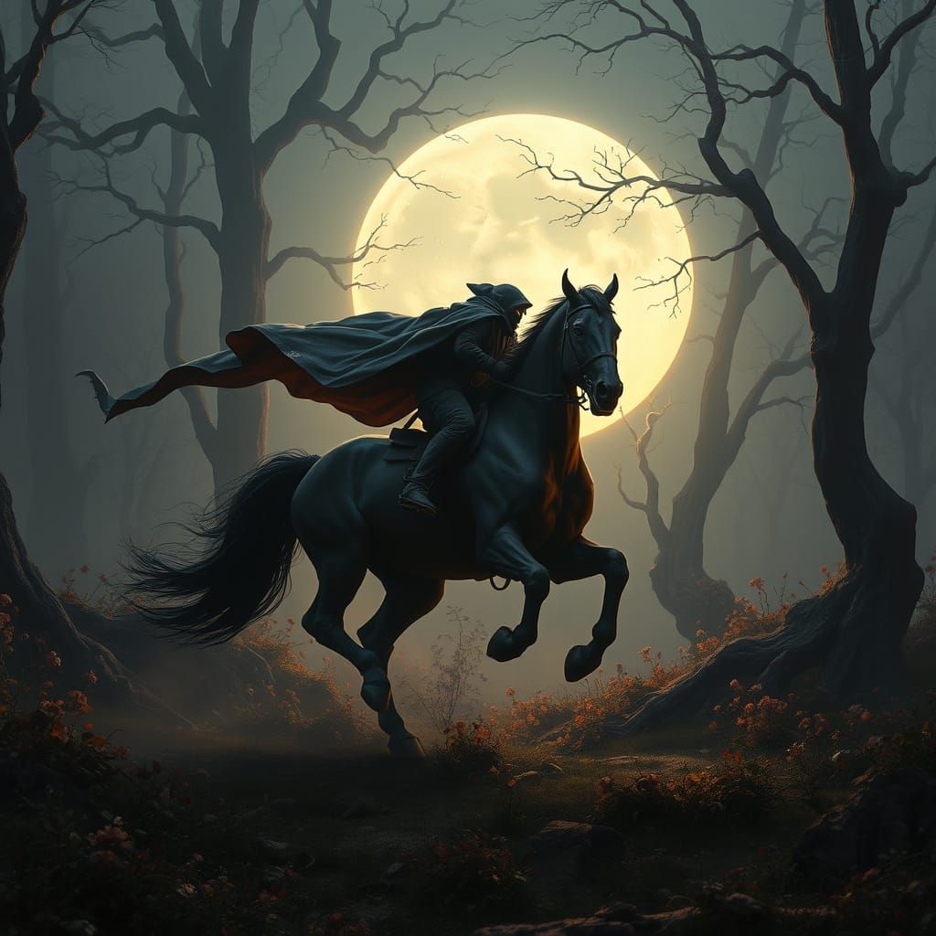 Ethereal Headless Horseman Charges Through a Moonlit Forest