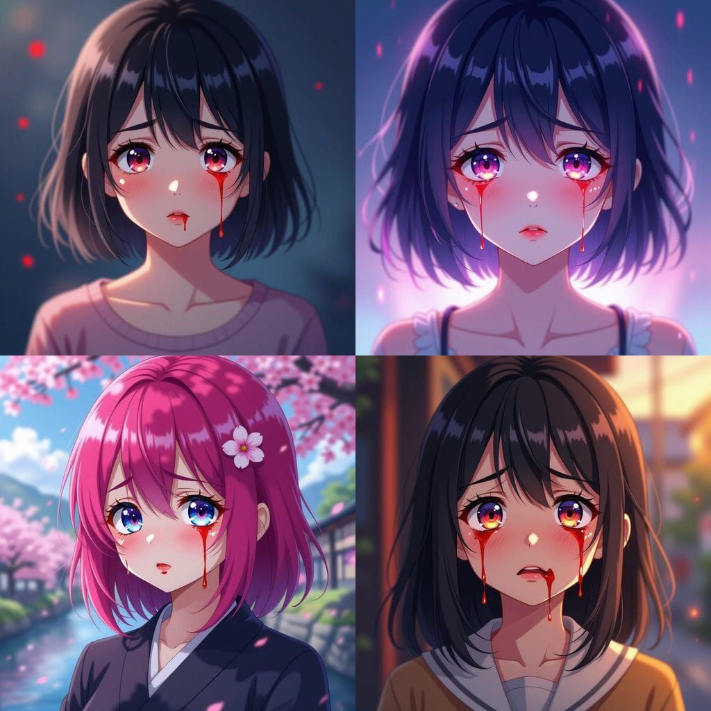 Anime Girl Crying Blood in Manga Style