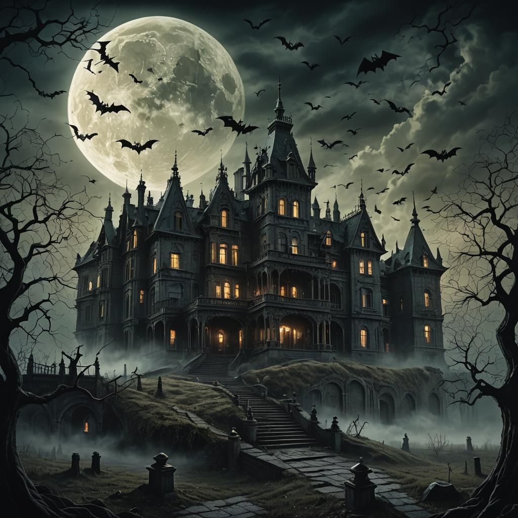 Spooky Gothic Mansion with Bats in Fantasy Art Style