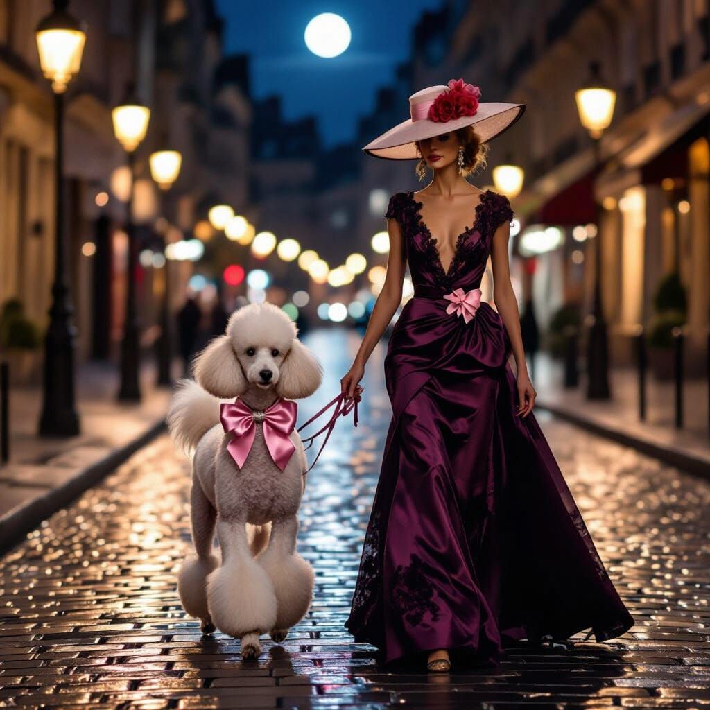 Elegant Lady and Poodle on Moonlit Parisian Street