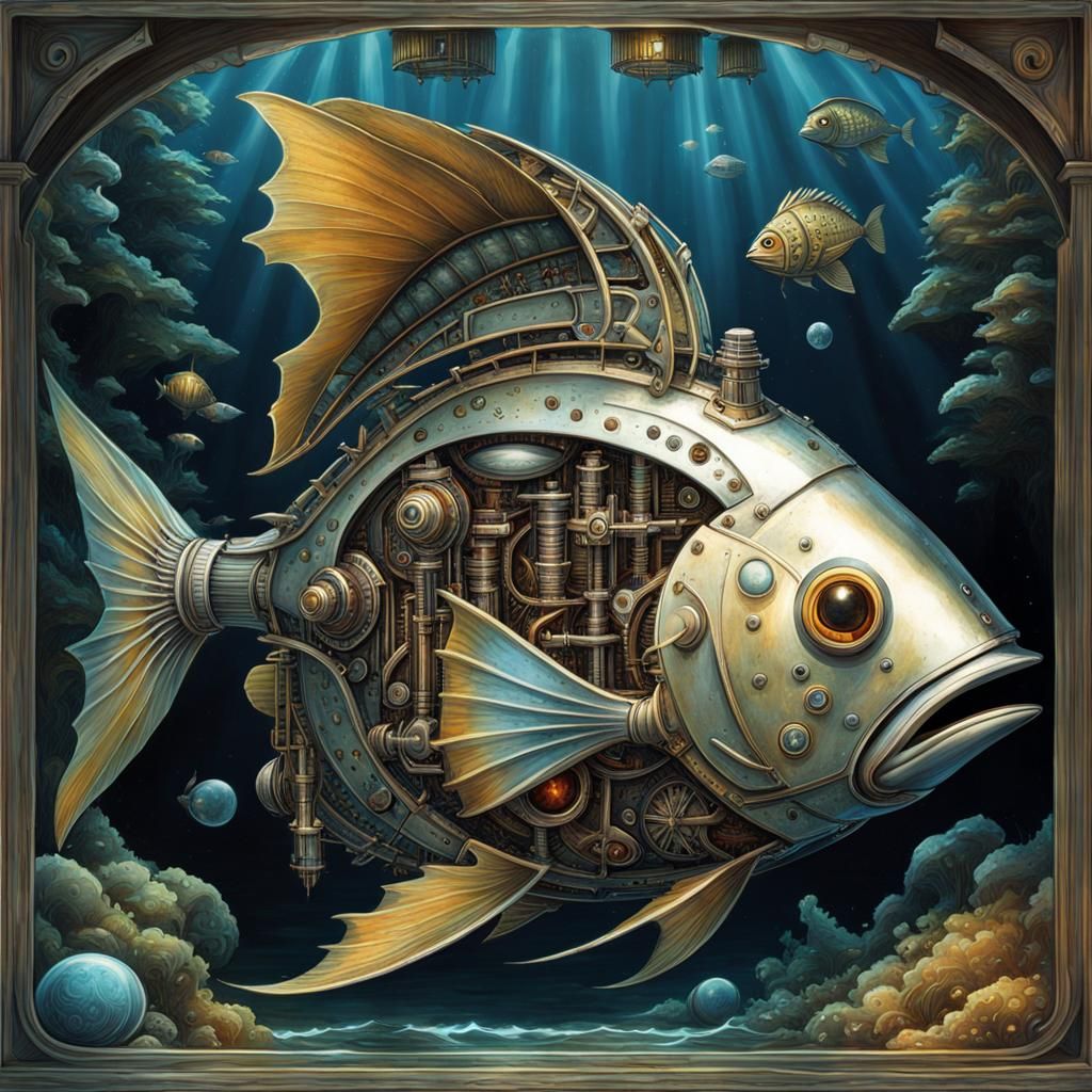 Friendly Robot Fish Cross-Section as Brian Froud Art