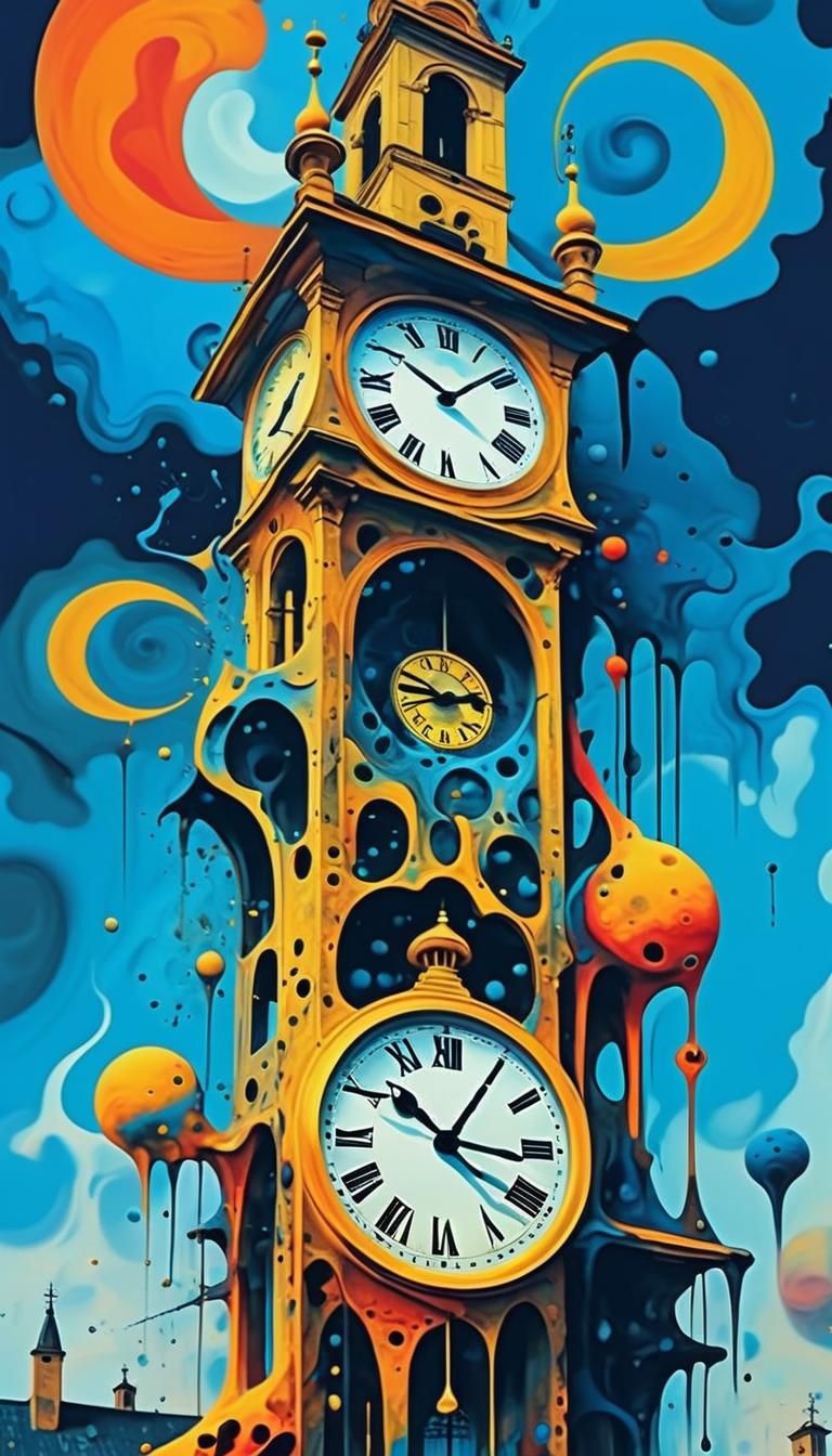 Surrealist Masterpiece: Melting Clock Towers in Vibrant, Dre...
