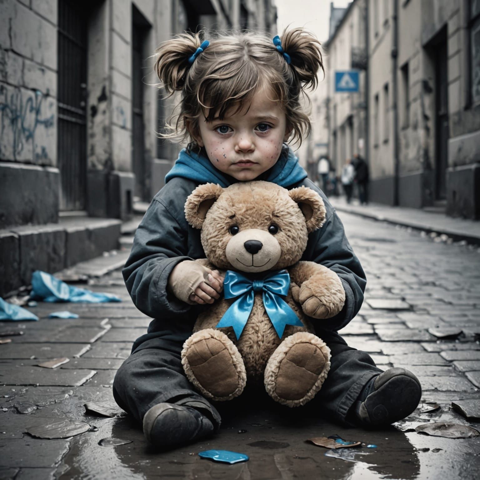 Emotional Grayscale Art: Homeless Child with Teddy Bear