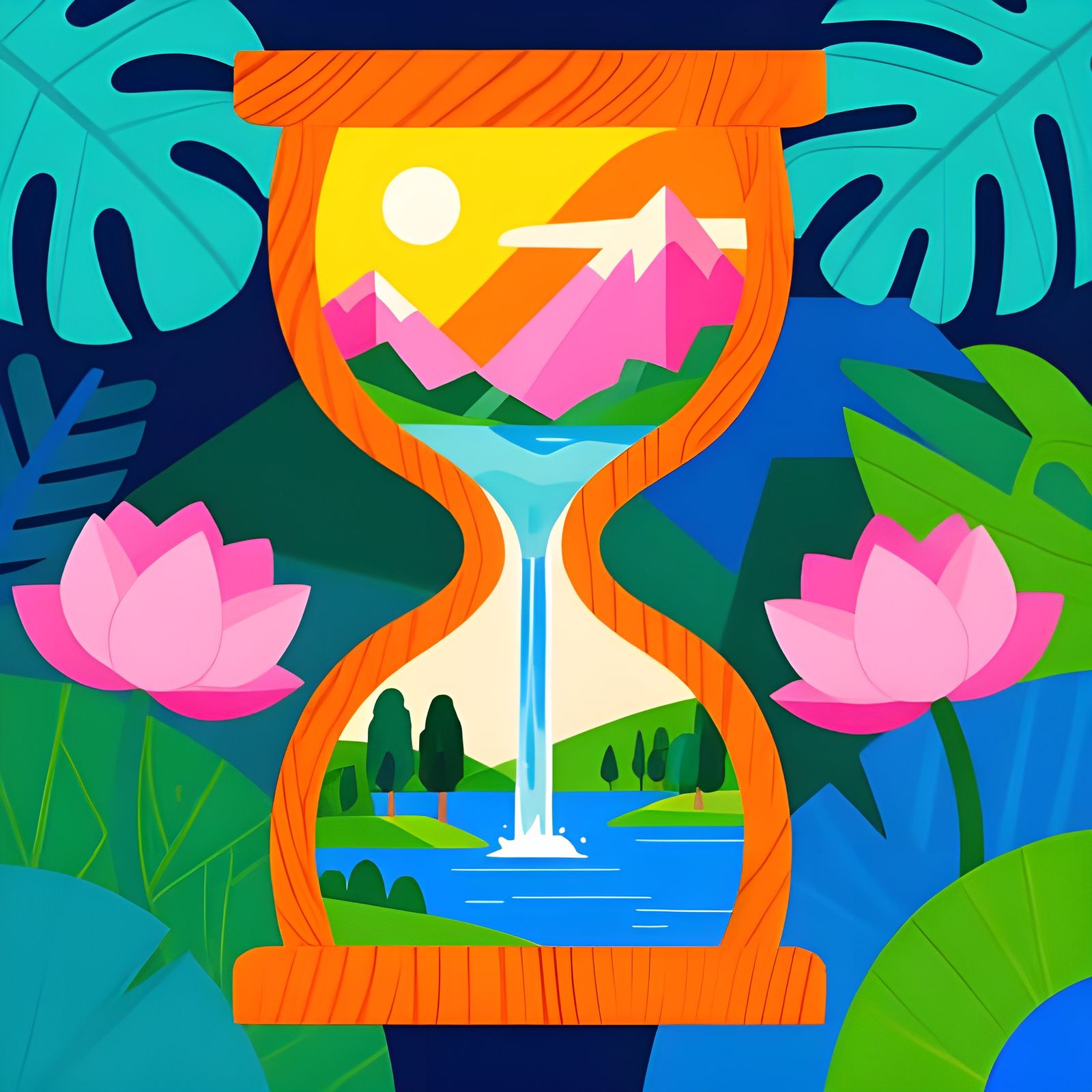 Hourglass Landscape Illustration in Flat Graphic Style