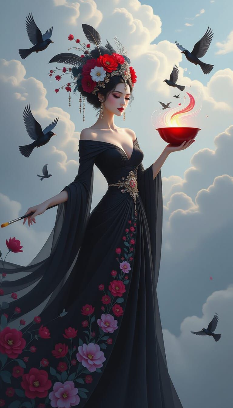 Regal Woman Painting Birds: A Surreal Fantasy Illustration