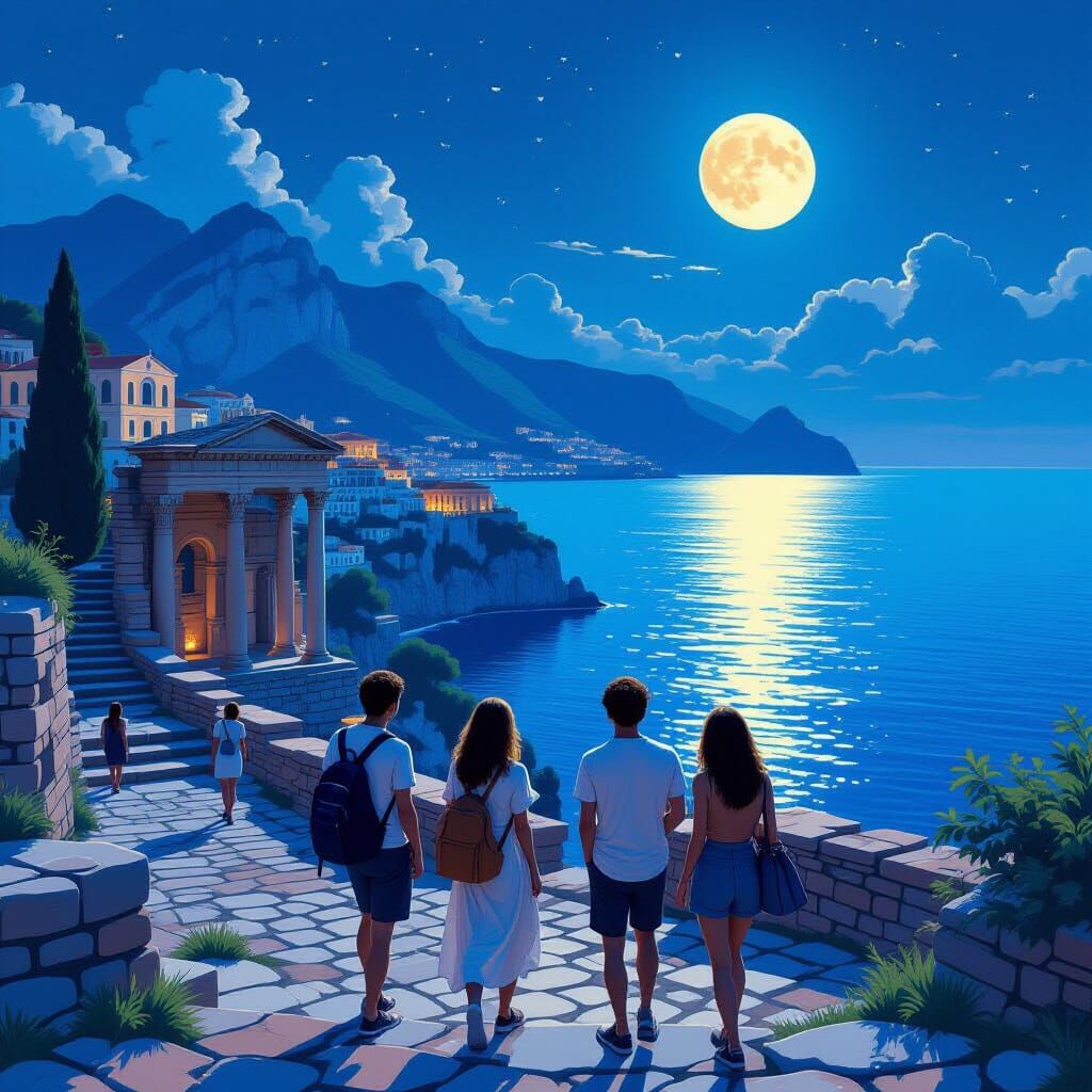 Moonlit Roman Ruins Visited by Modern Tourists