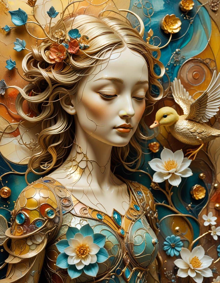 Surreal Angel and Duckling in Mixed Media Style