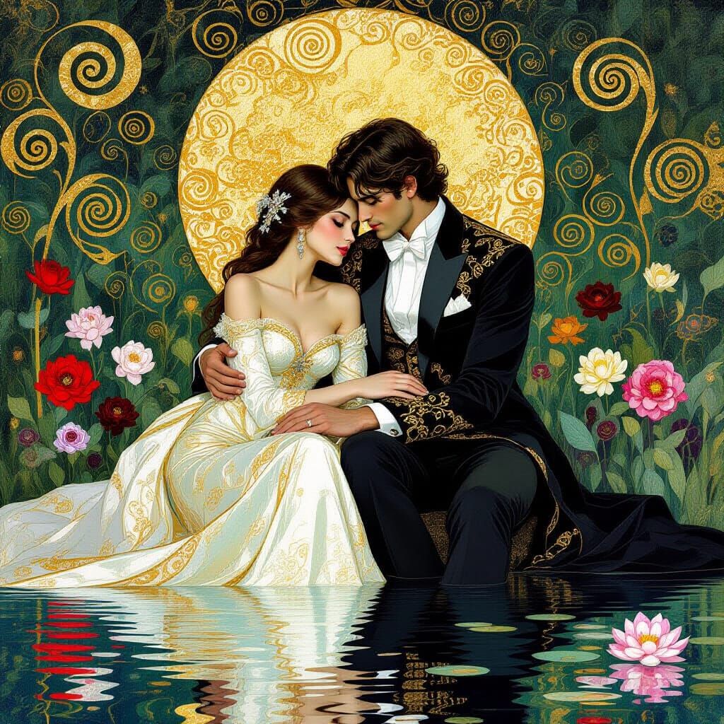 Dream and Death in Ornate Garden, Klimt-Munch Style