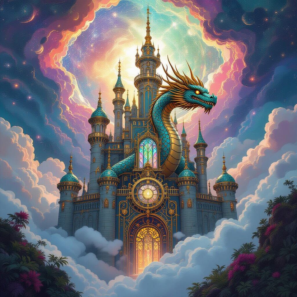 Steampunk Dragon Castle with Stained Glass Scales in Art Nou...