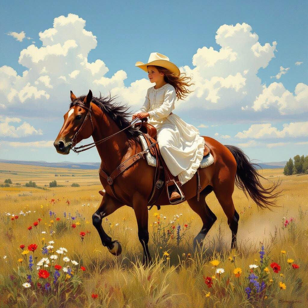 Girl on Horseback in Vast Golden Grassland