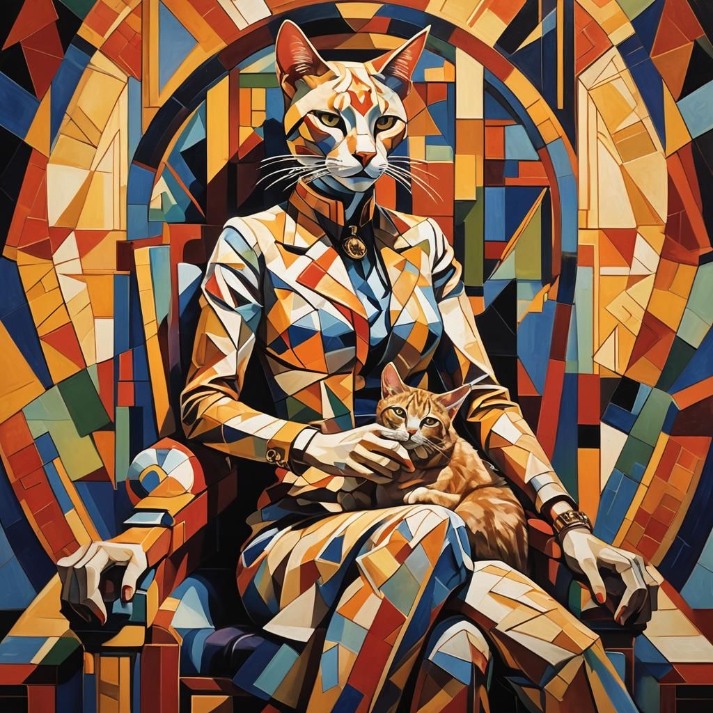 Cubist Woman with Cat Head on Art Deco Throne