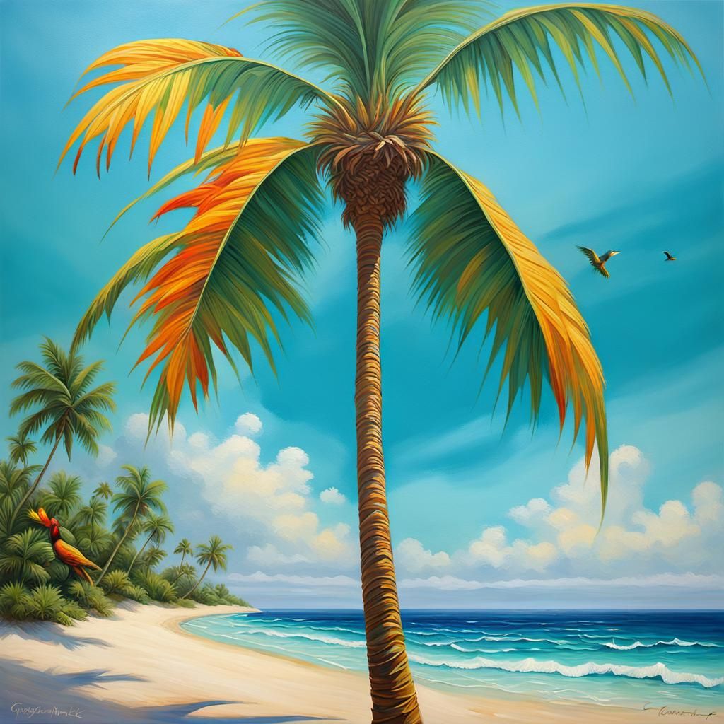 Tropical Palm Tree on Golden Beach, Oil Painting