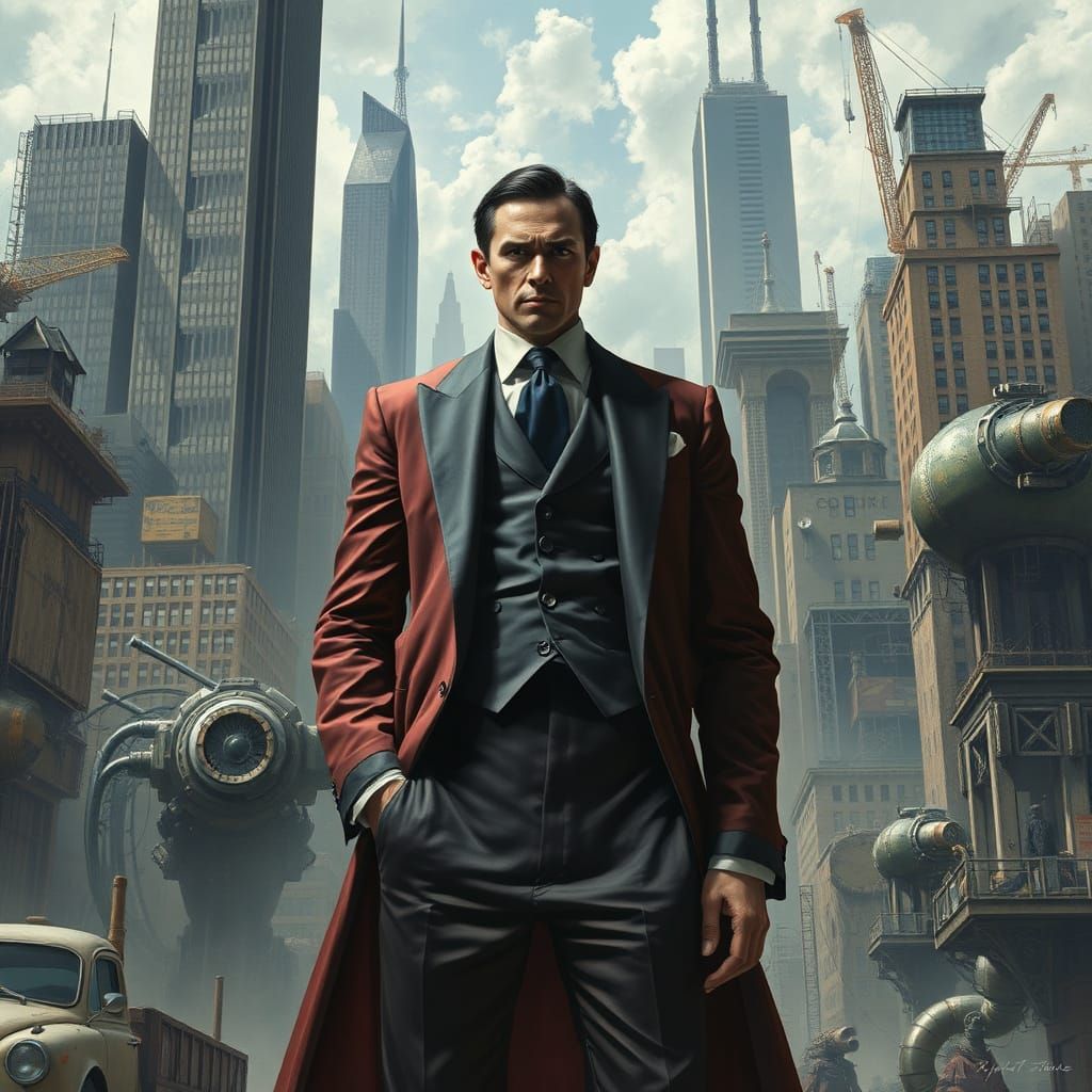 Dystopian Figure in Industrial Cityscape