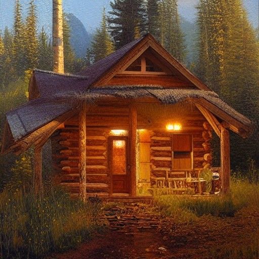 Cozy Cabin in Woods: Oil Painting