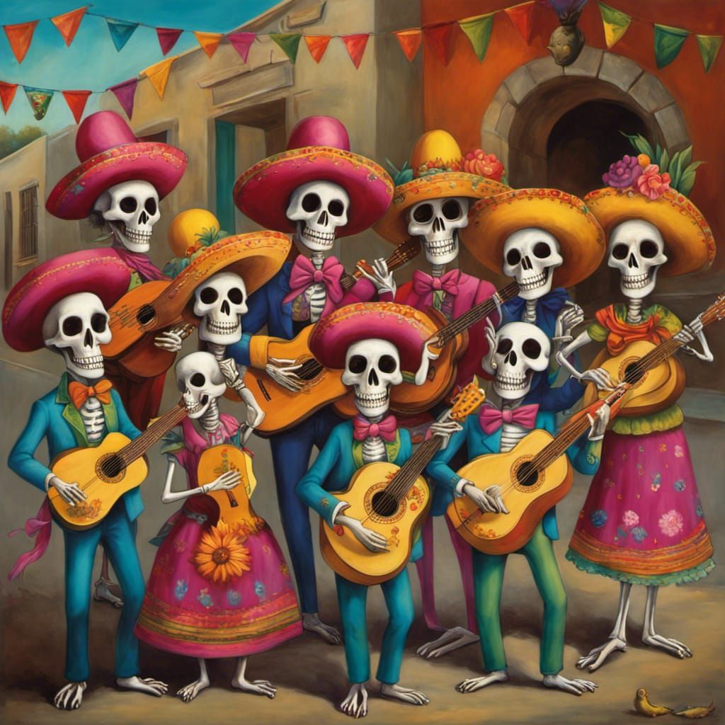 Festive Skeletons Celebrate in a Mexican Street Scene