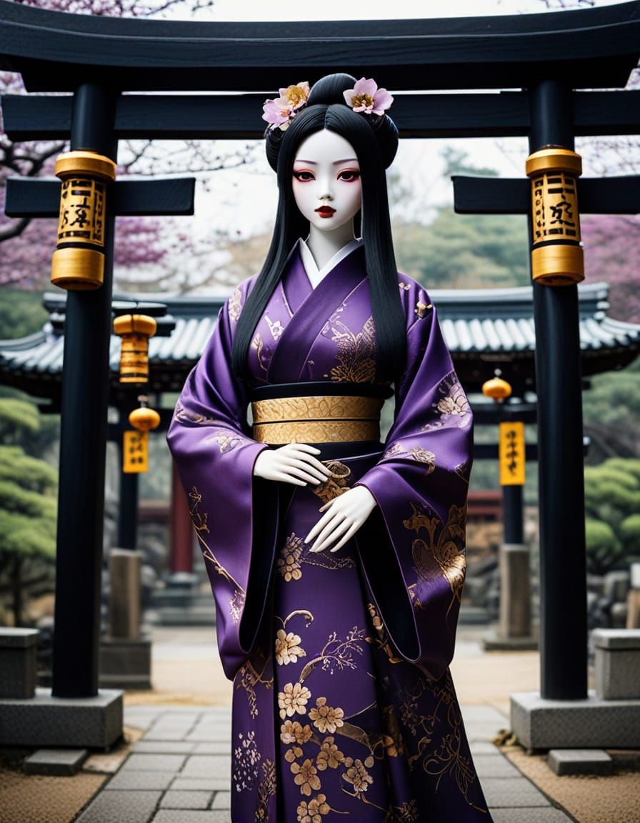 Porcelain Doll in Kimono: Dark Fantasy Style