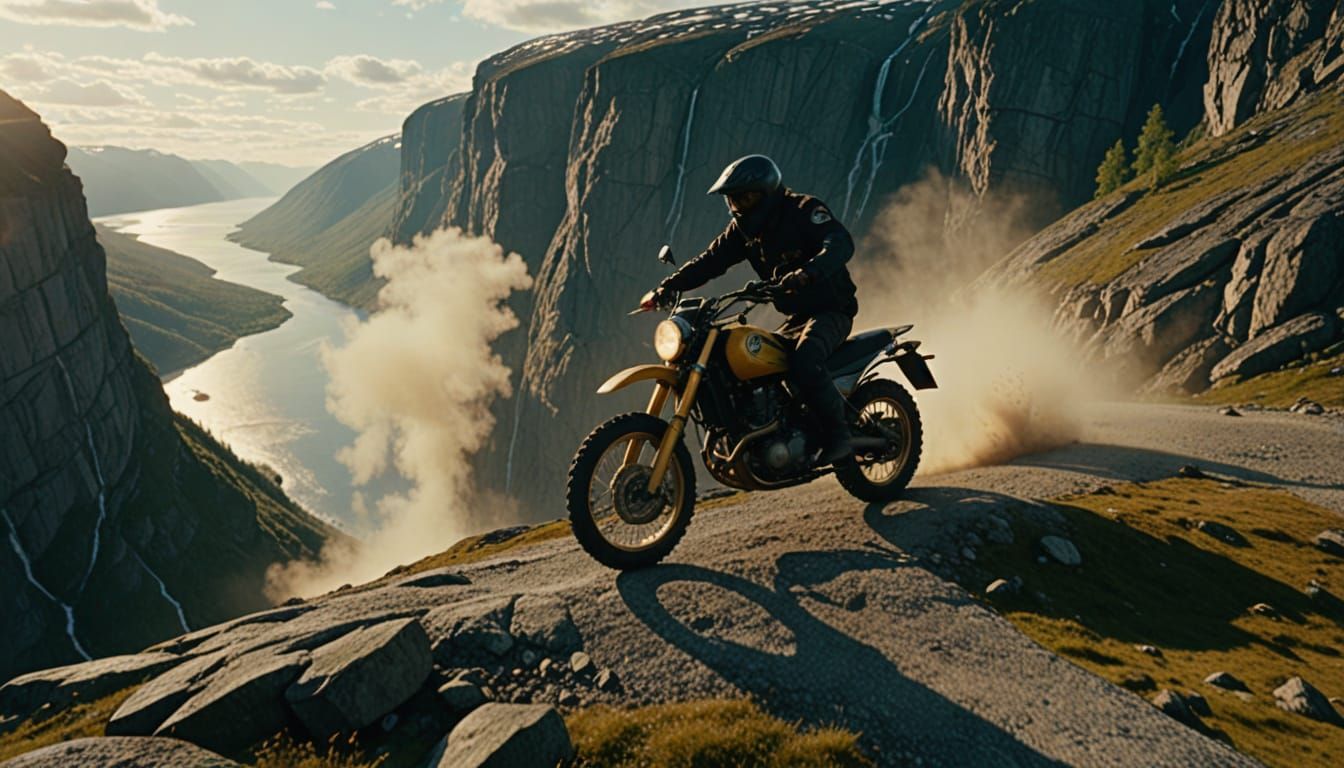 Motorbike Cliff Jump in Norway: Cinematic Film Still