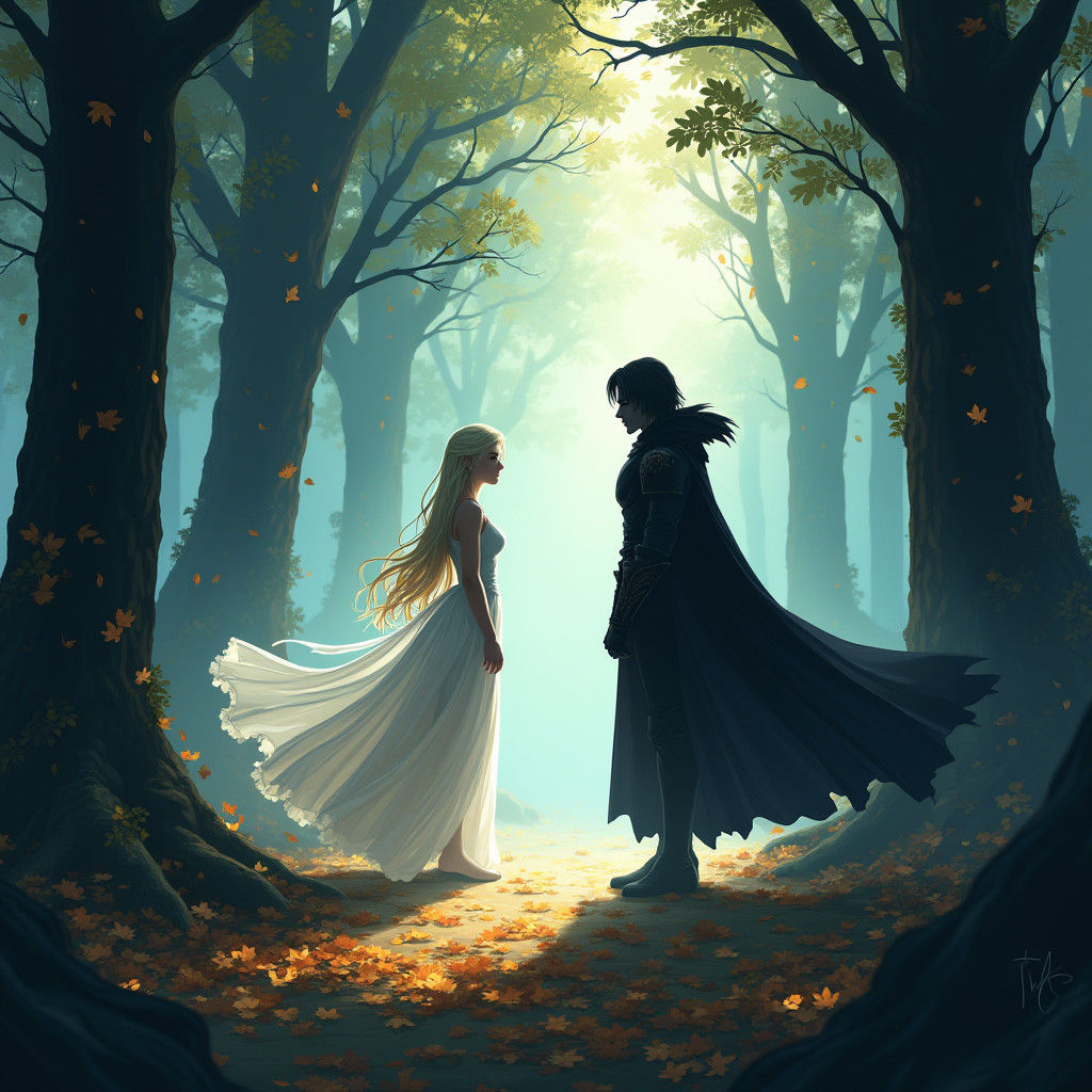 Ethereal Encounter: Elf and Vampire in Mystical Forest
