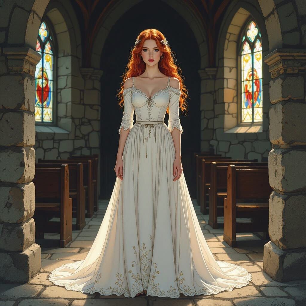Medieval Woman in Chapel with Atmospheric Lighting