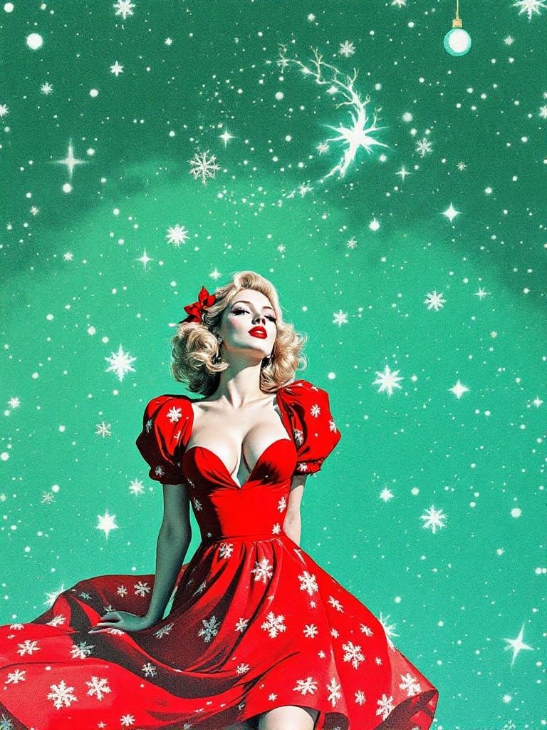 Vibrant Pin-Up Queen in Candy Red, Risograph Style