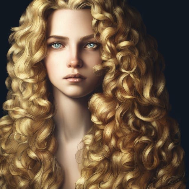 Portrait of a young woman, with thick wavy blonde hair.