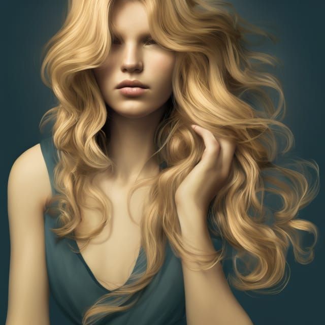 Portrait of a young woman, with thick wavy blonde hair.