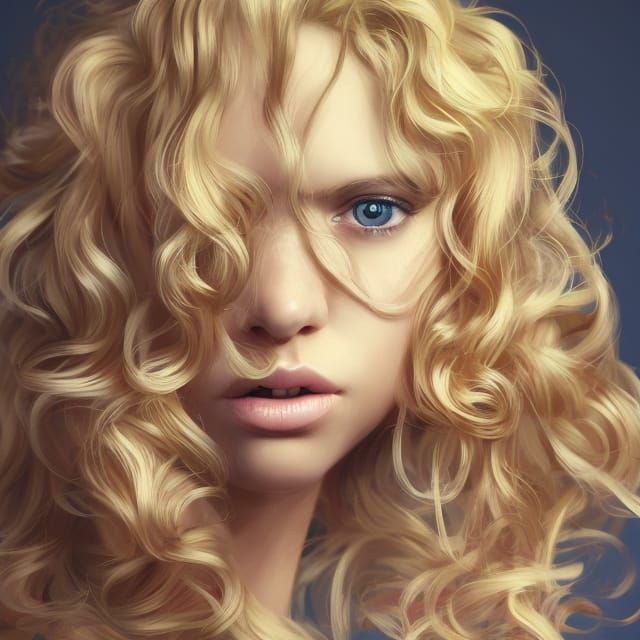 Portrait of a young woman, with thick wavy blonde hair.