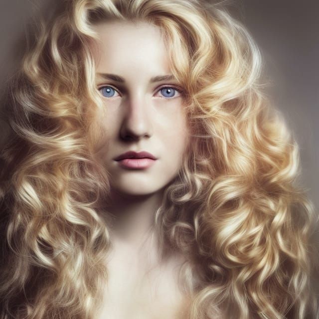 Portrait of a young woman, with thick wavy blonde hair.