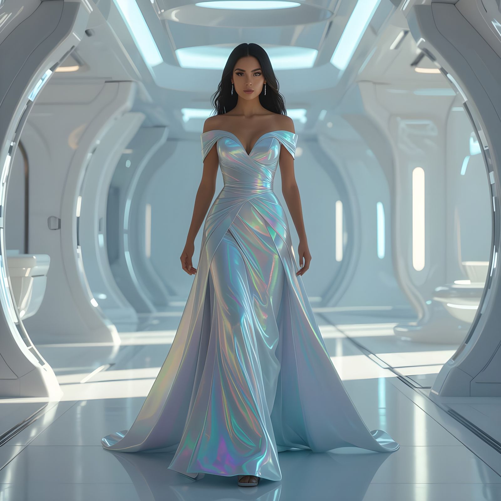 Alien Princess Striding Through High-Tech Room