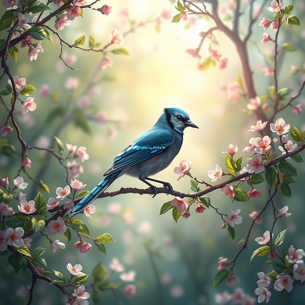 Whimsical Blue Jay in a Vibrant Spring Landscape