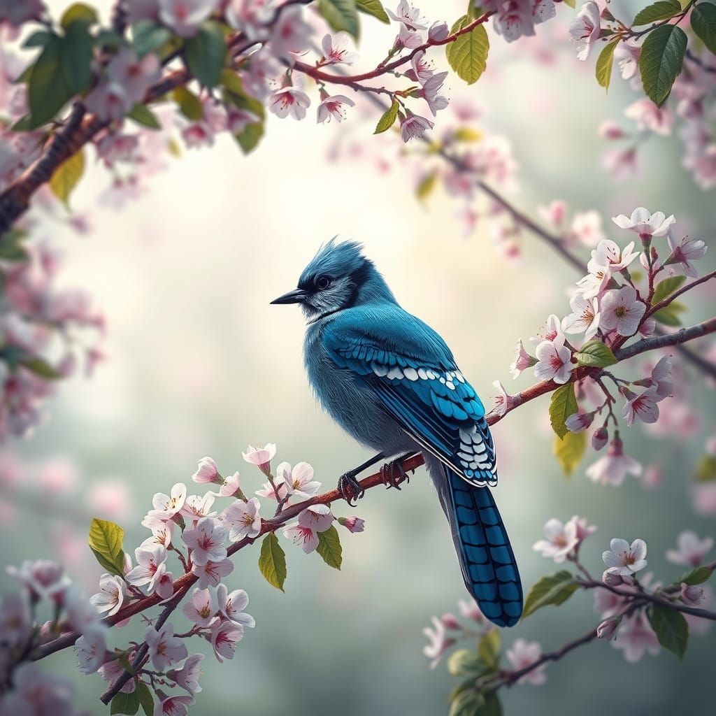 Vibrant Blue Jay in Lush Spring Forest