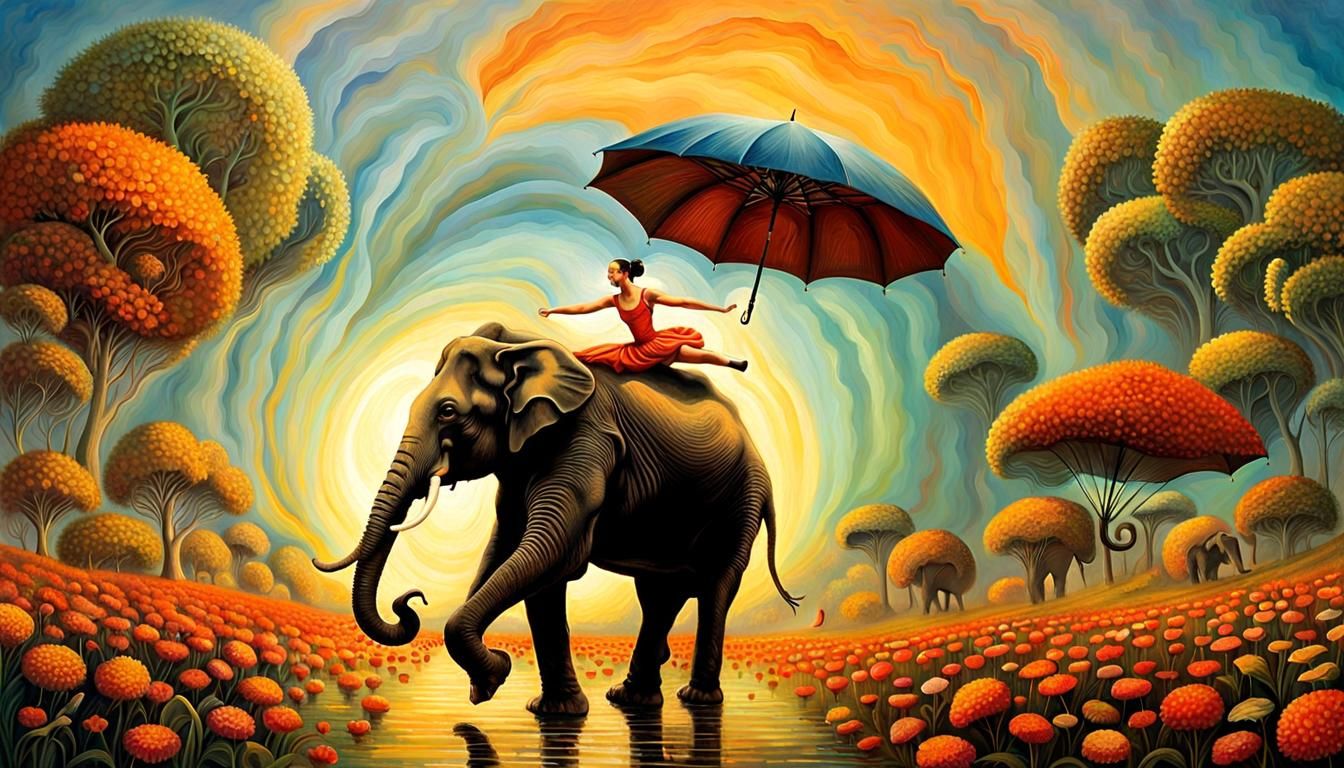 Ballet Dancer on Elephant in Surreal Style