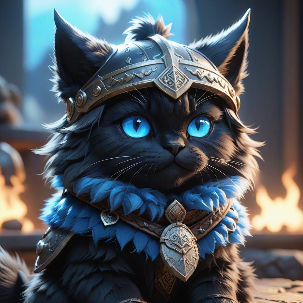 Fluffy Viking Cat in Anime 3D Style