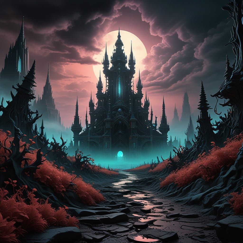 Dark Surreal Gothic Landscape with Twisted Ancient Buildings