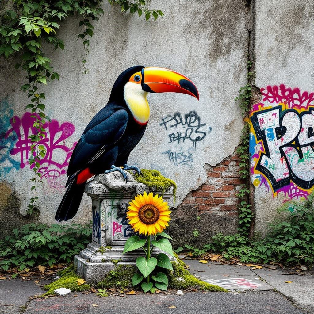 Toucan in Decaying Urban Jungle, Street Art