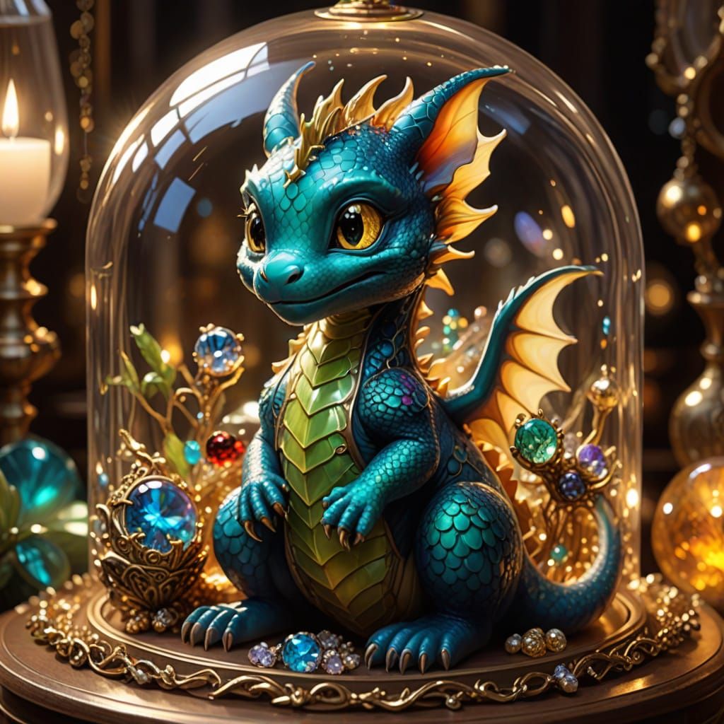 Whimsical Fantasy Baby Dragon in Iridescent Glass Jewelry Bo...