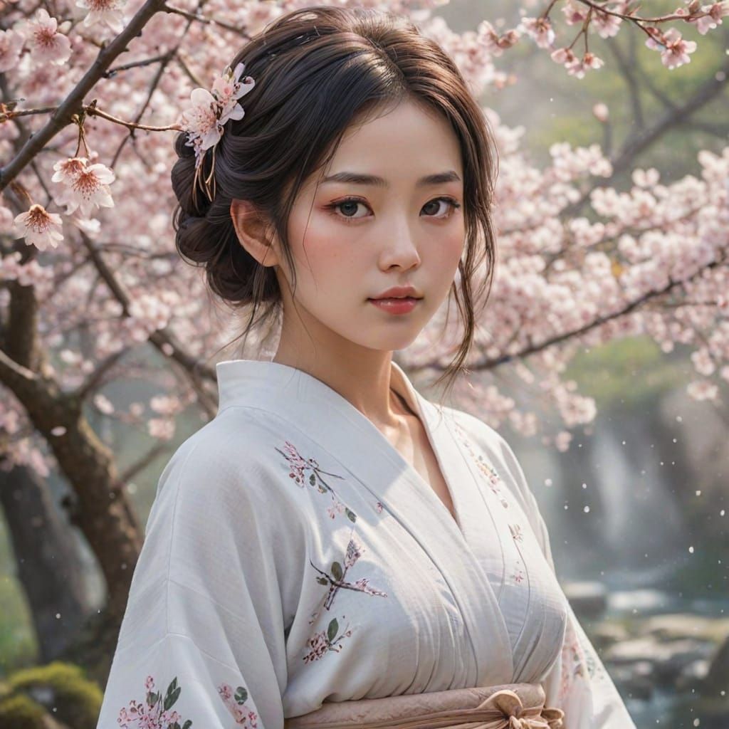 Serene Japanese Woman in Cherry Blossom Garden