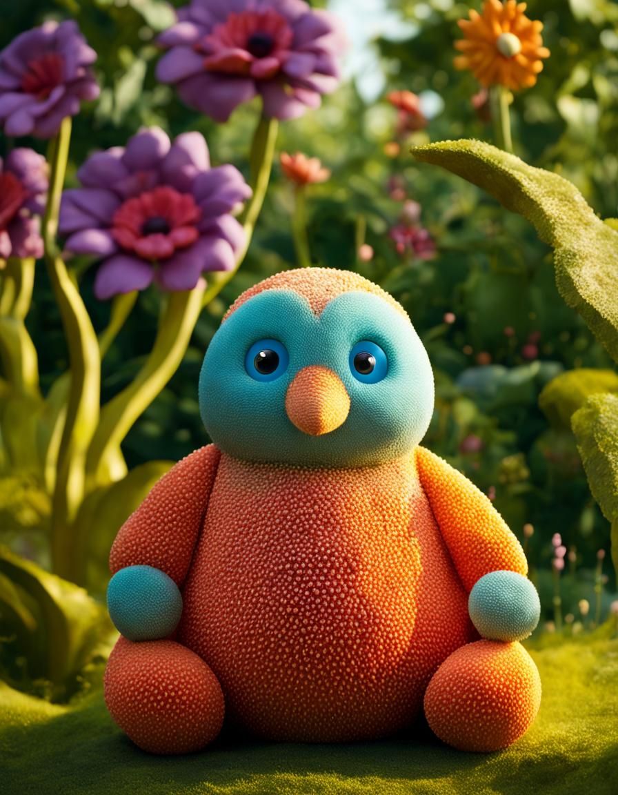 Cute Plush Creatures in Retrofuturistic Pointillism Style