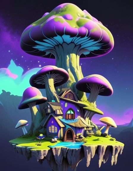 Cosmic Mushroom House on Floating Space Island