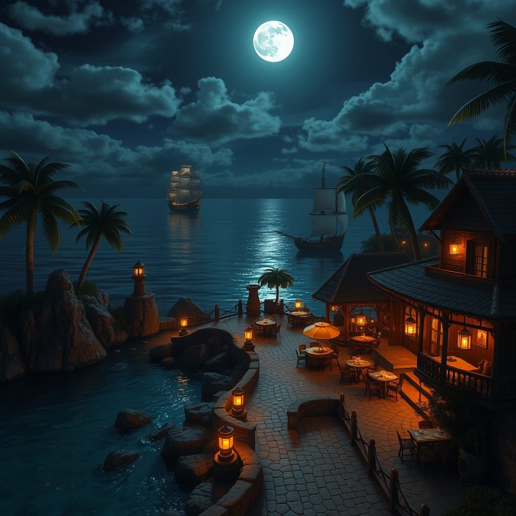 Tranquil Tropical Island at Night with Pirate Ship
