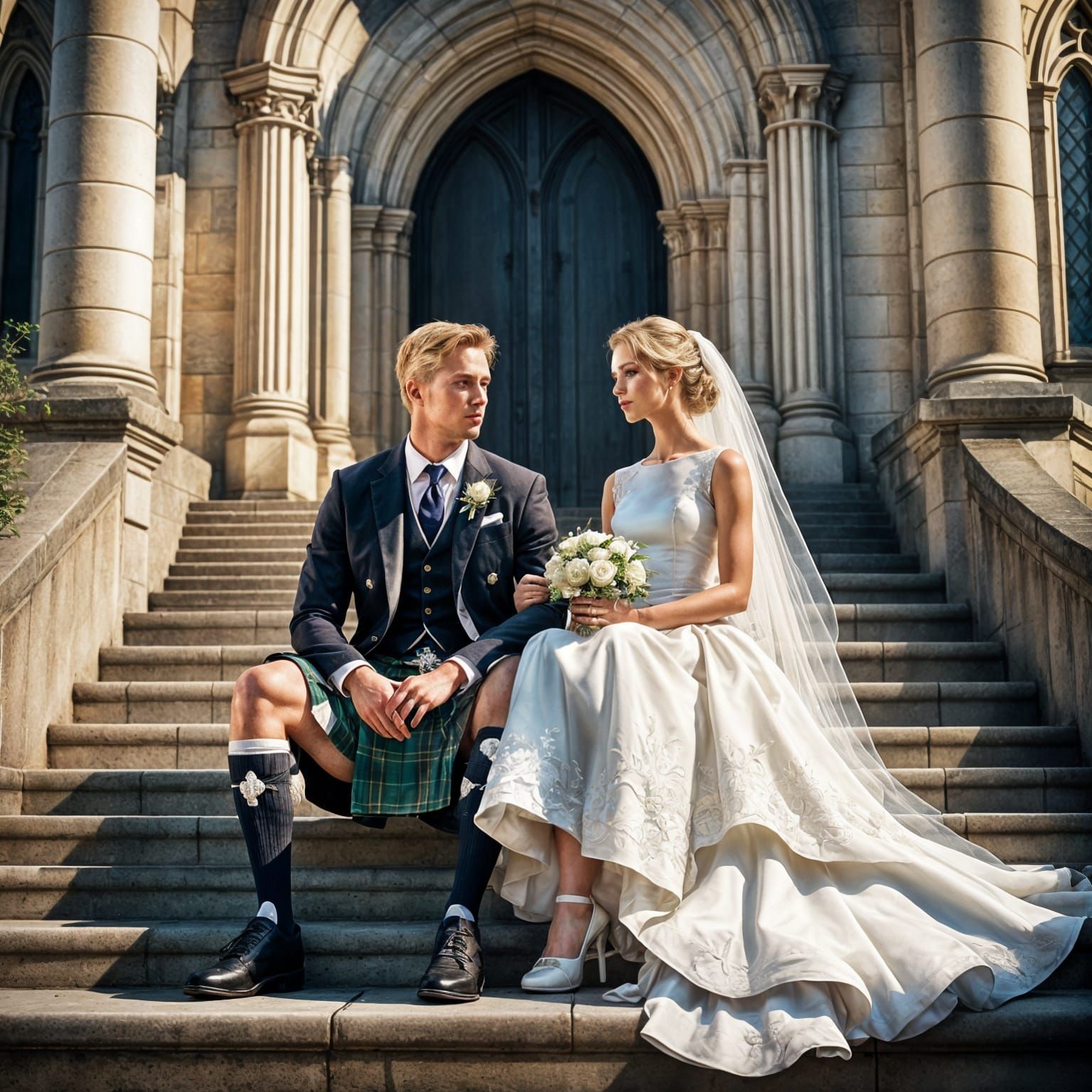 Scottish Wedding on Church Steps: Hyperrealistic Digital Art