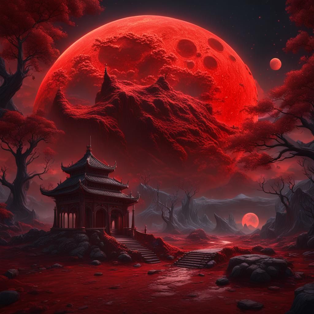 Fantastical Red Moon in Detailed Matte Painting