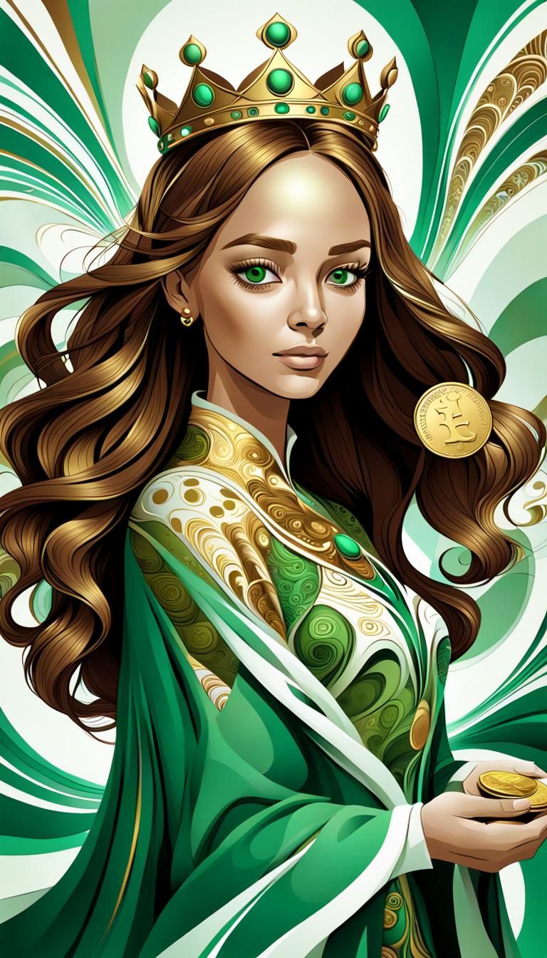 Queen with Gold Coin in Abstract Fractal Style