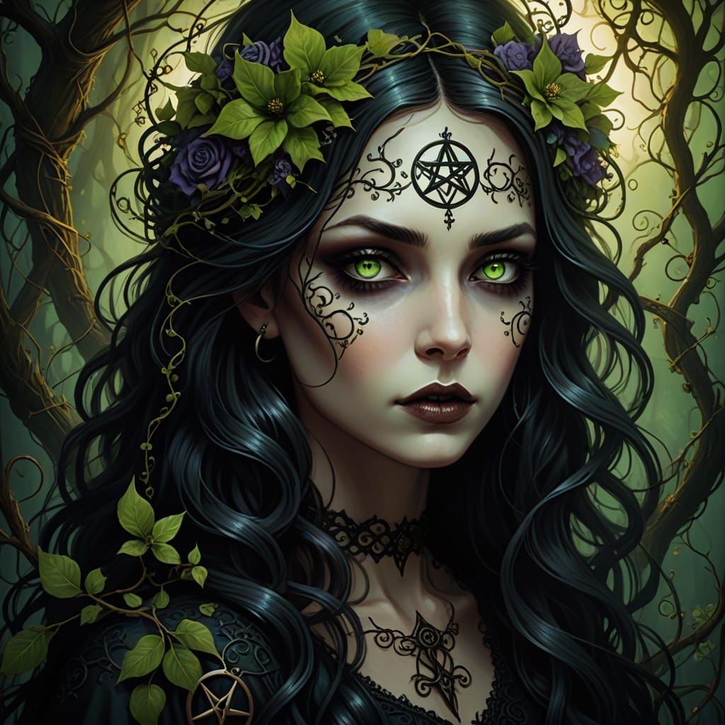 Gothic Whimsy Wiccan Goddess with Bright Green Eyes and Flor...