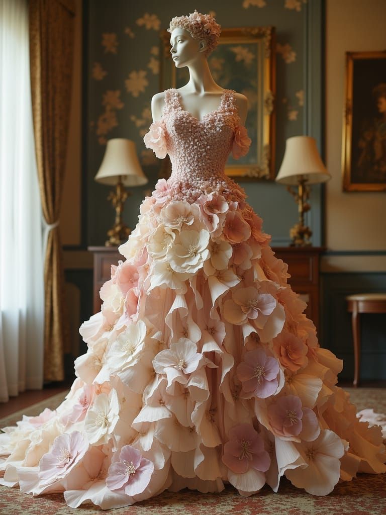 Mannequin in Floral Couture Gown in Victorian Parlor
