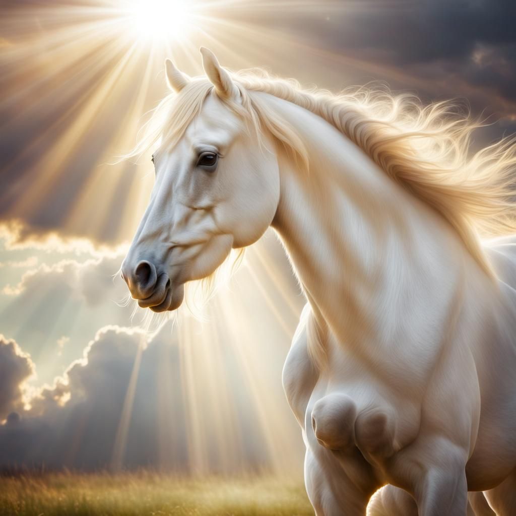 Horse in Divine Sunshine Among Clouds