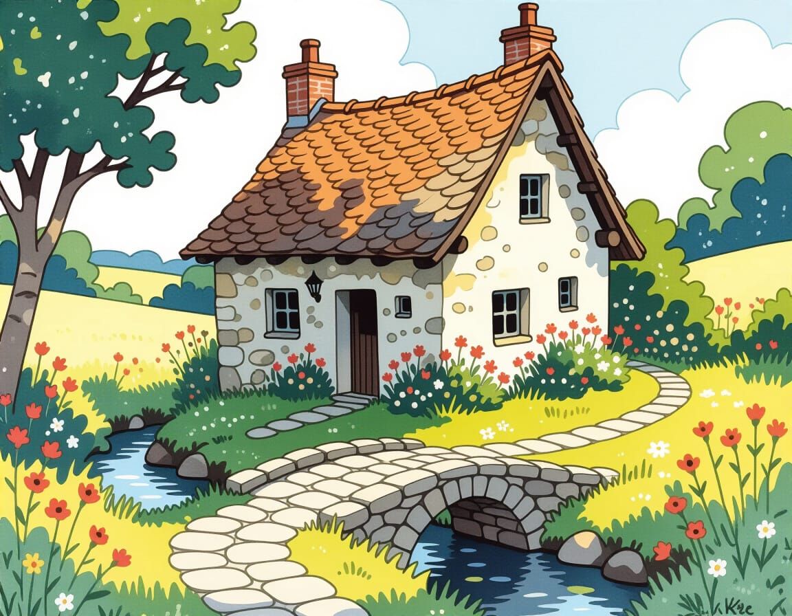Whimsical Cottagecore Scene as Gouache Painting