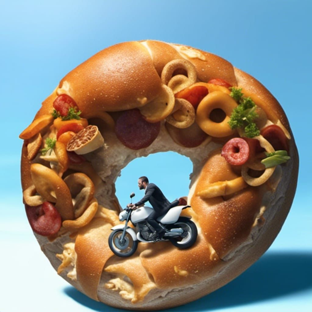 Surreal Human Rides Motorcycle on Giant Bagel