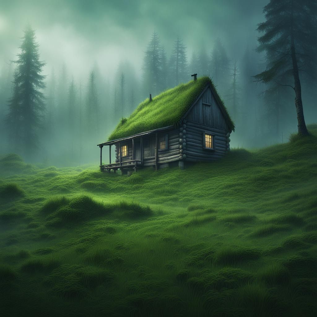 Misty Green Hill Cabin in Detailed Matte Painting