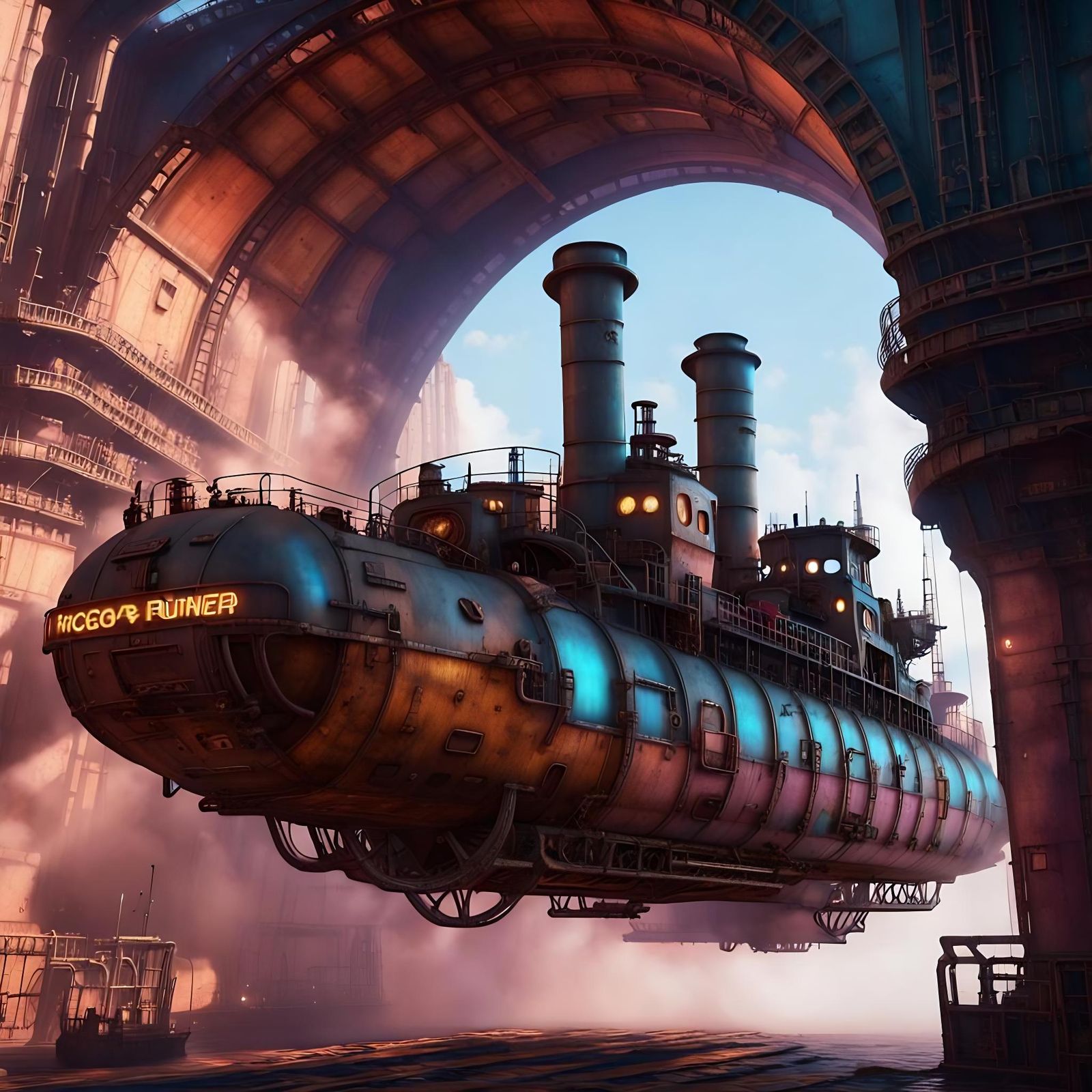 Steampunk Flying Tugboat Through Rusty Archways